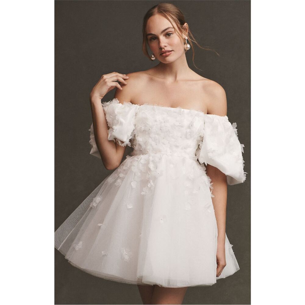 BHLDN Cleo Puff Sleeve Ivory Mini Dress NWT Size 8 Bridal Shower